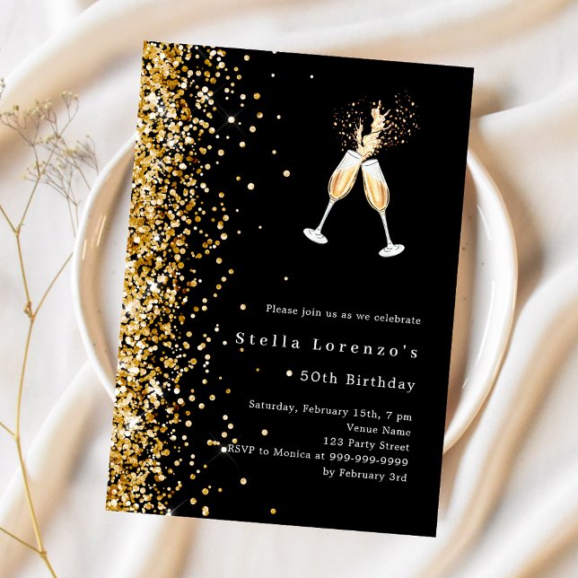 Black gold glitter cheers birthday invitation (Creator Uploaded)