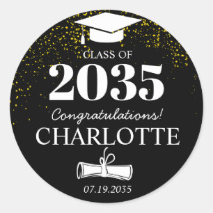Black Gold Glitter Class of Grad Graduation Party Classic Round Sticker