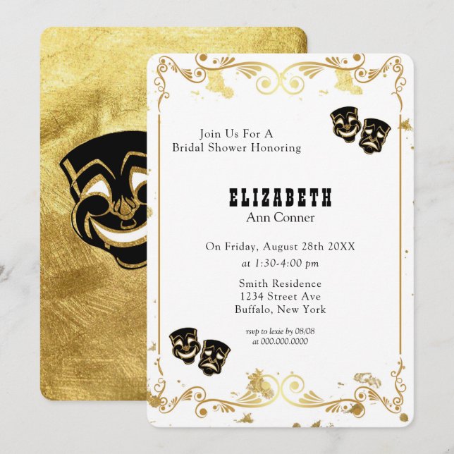 Black Gold Glitter Comedy & Tragedy Bridal Shower Invitation (Front/Back)