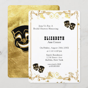 Black Gold Glitter Comedy & Tragedy Bridal Shower Invitation