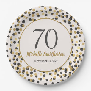Black Gold Glitter Confetti 70th Birthday Paper Plate