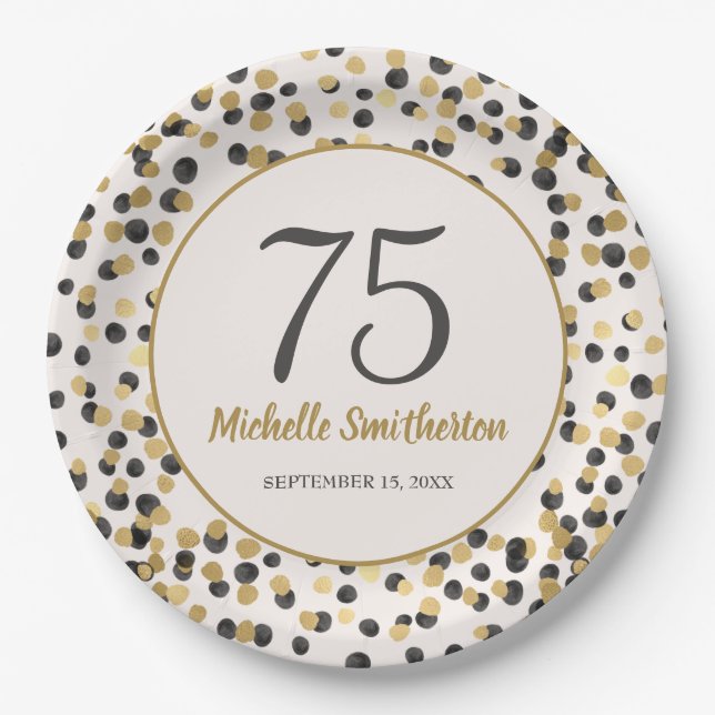 Black Gold Glitter Confetti 75th Birthday Paper Plate (Front)