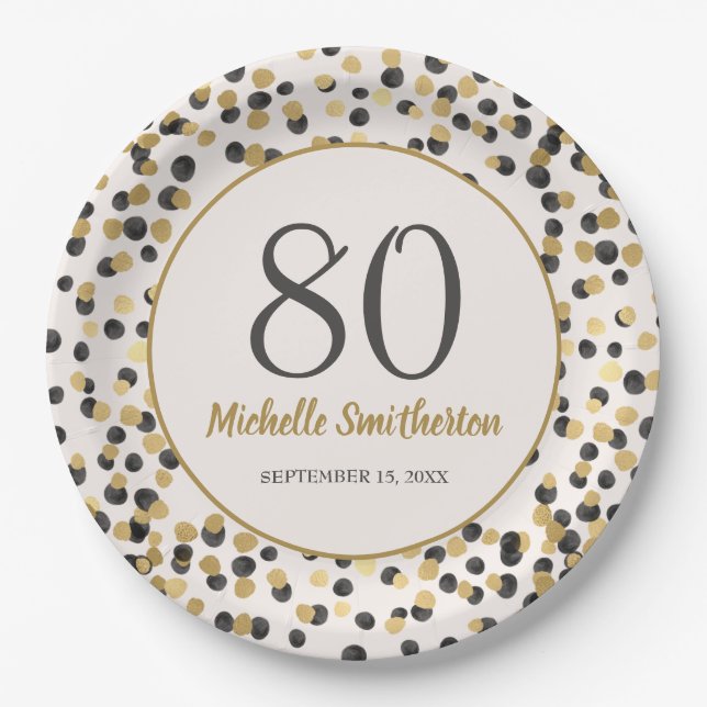 Black Gold Glitter Confetti 80th Birthday Paper Plate (Front)