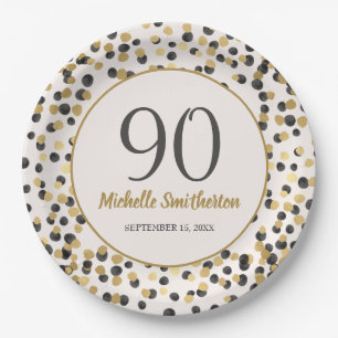 Black Gold Glitter Confetti 90th Birthday Paper Plate