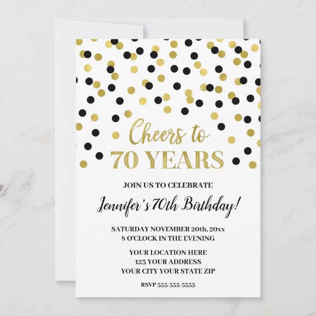 Black Gold Glitter Confetti Cheers to 70 Years Invitation (Back)