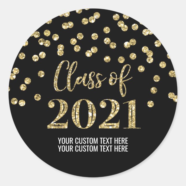 Black Gold Glitter Confetti Graduation 2021 Classic Round Sticker (Front)