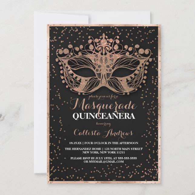 Black Gold Glitter Confetti Masquerade Quinceañera Invitation (Front)