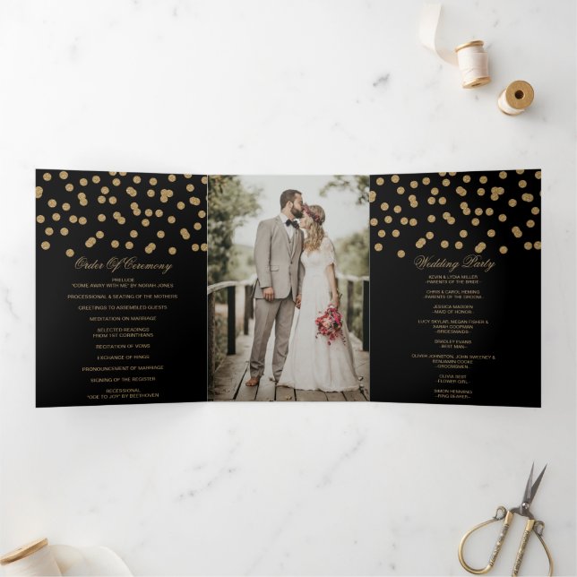 Black Gold Glitter Confetti Photo Wedding Tri-Fold Programme (Inside)
