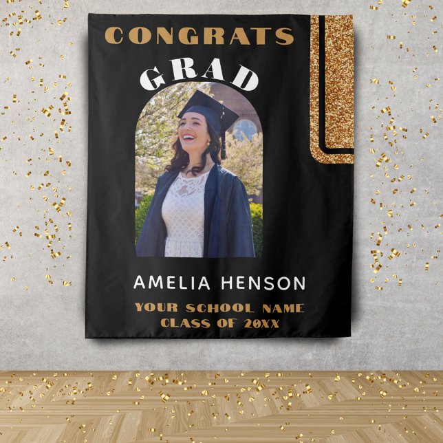 Black Gold Glitter Congrats Grad Photo Backdrop Tapestry (Creator Uploaded)