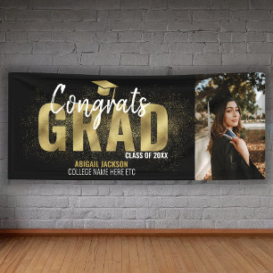 Black Gold Glitter Congrats Grad Photo Graduation Banner