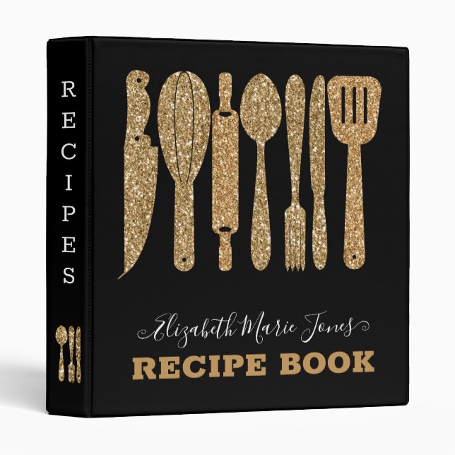 Black Gold Glitter Cooking Utensil Recipe Binder (Front/Spine)