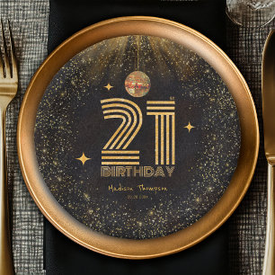 Black Gold Glitter Disco Ball Party 21st Birthday Paper Plate