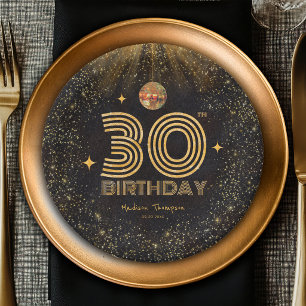 Black Gold Glitter Disco Ball Party 30th Birthday Paper Plate