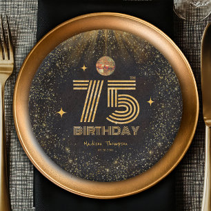 Black Gold Glitter Disco Ball Party 75th Birthday Paper Plate