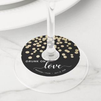 Black & Gold Glitter Dot Drunk on Love Fun Wedding Wine Glass Tag