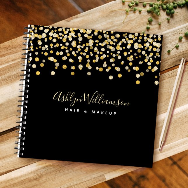Black gold glitter dots hair stylist makeup artist notebook (Creator Uploaded)