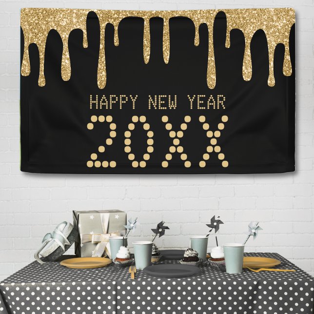 Black & Gold Glitter Drip Happy New Year 2024 Banner (Black & Gold Glitter Drip Happy New Year 2024 Banner)