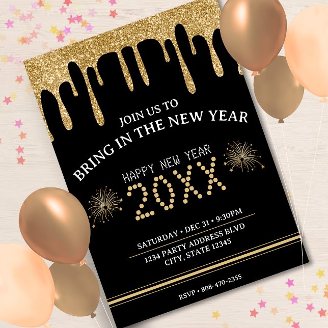 Black & Gold Glitter Drip New Years Eve Party 2024 Invitation (Black & Gold Glitter Drip New Years Eve Party 2024 Invitation)