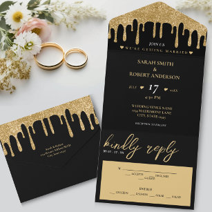 Black & Gold Glitter Drip Wedding All In One Invitation