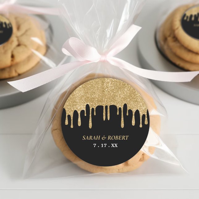 Black & Gold Glitter Drip Wedding Classic Round Sticker (Black & Gold Glitter Drip Wedding Classic Round Sticker
)