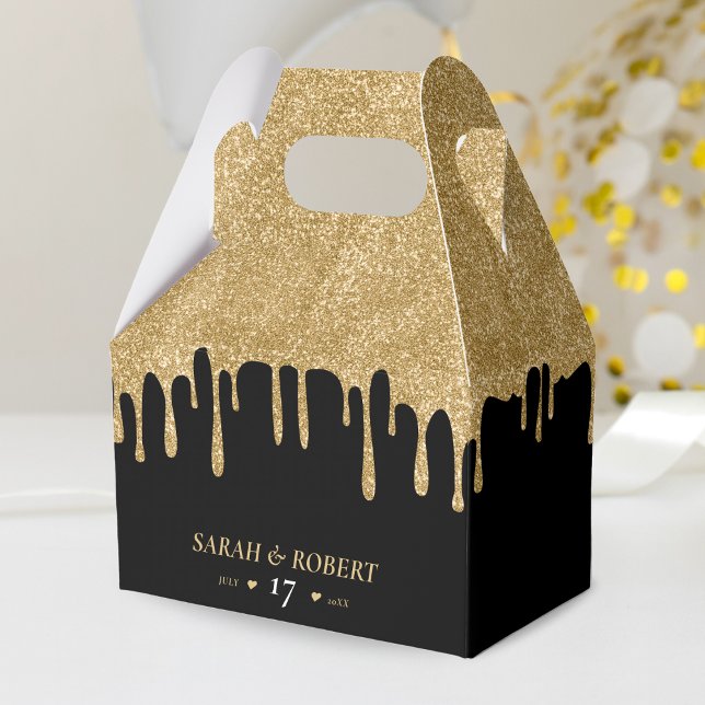 Black & Gold Glitter Drip Wedding Favor Box (Black & Gold Glitter Drip Wedding Favor Box)