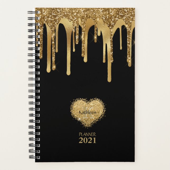 Black Gold Glitter Dripping Paint Monogram Planner (Front)