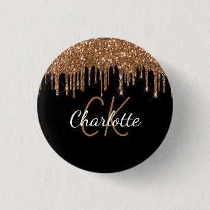 Black gold glitter drips custom monogram name 1 inch round button