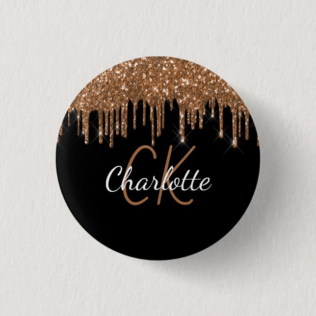 Black gold glitter drips custom monogram name 1 inch round button (Front)