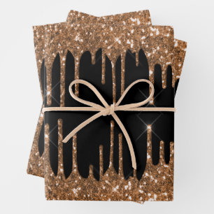 Black gold glitter drips girly luxury wrapping paper sheet