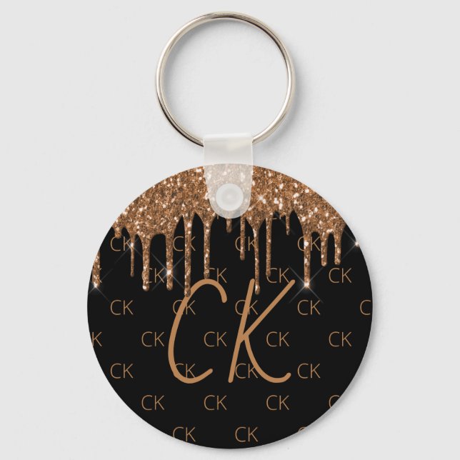 Black gold glitter drips monogram initials keychain (Front)