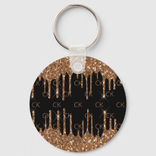 Black gold glitter drips monogram initials keychain