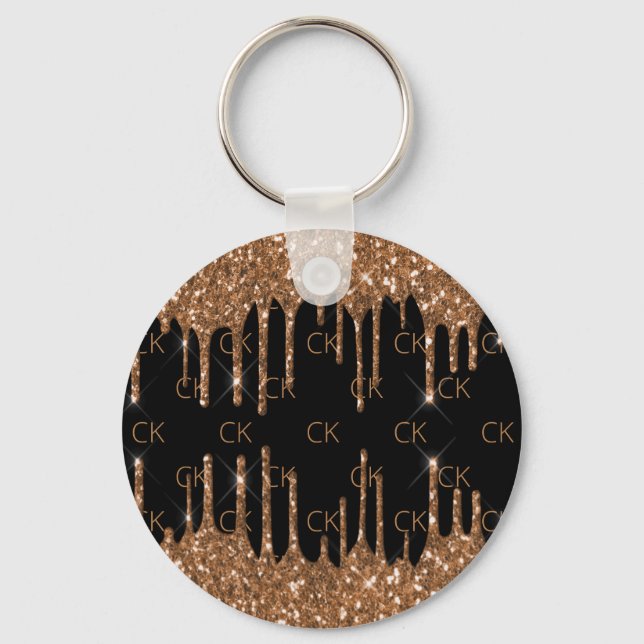 Black gold glitter drips monogram initials  keychain (Front)