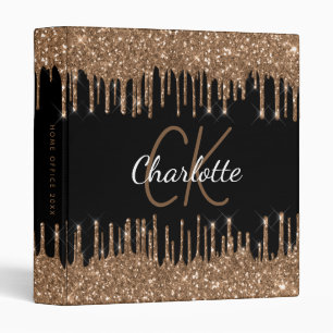 Black gold glitter drips monogram initials name binder