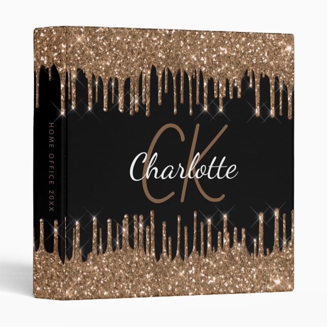Black gold glitter drips monogram initials name binder (Front/Spine)