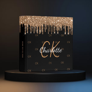 Black gold glitter drips monogram initials name binder