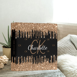 Black gold glitter drips monogram initials name binder