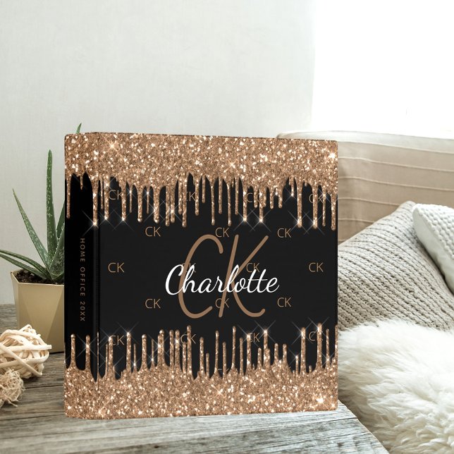 Black gold glitter drips monogram initials name  binder (Creator Uploaded)