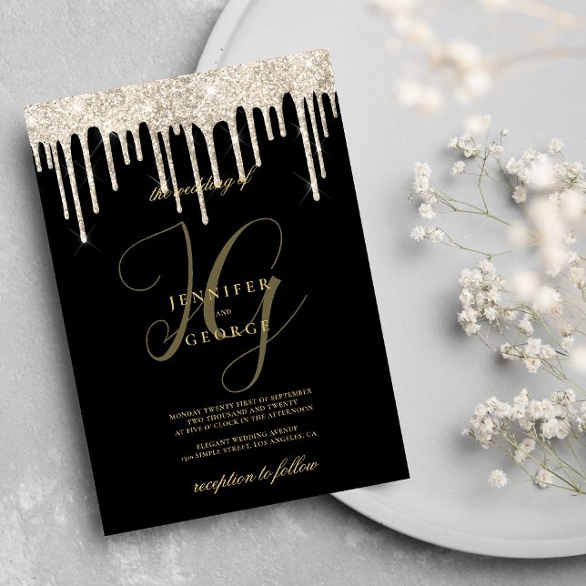 Black gold glitter drips monogram initials wedding invitation (Black gold glitter drips monogram initials wedding)