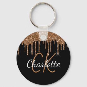 Black gold glitter drips monogram name keychain