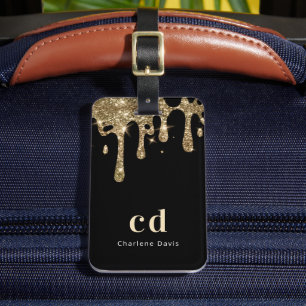Black gold glitter drips monogram name luggage tag