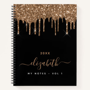 Black gold glitter drips monogram name notebook