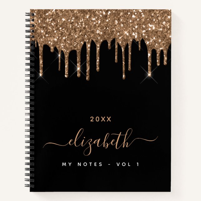 Black gold glitter drips monogram name notebook (Front)