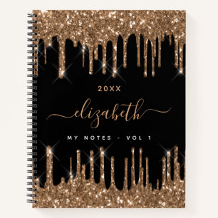 Black gold glitter drips monogram name notebook