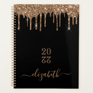 Black gold glitter drips monogram name planner