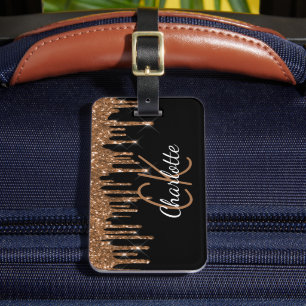Black gold glitter drips monogram name script luggage tag