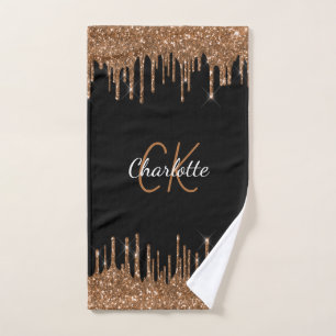 Black gold glitter drips monogram script elegant bath towel set