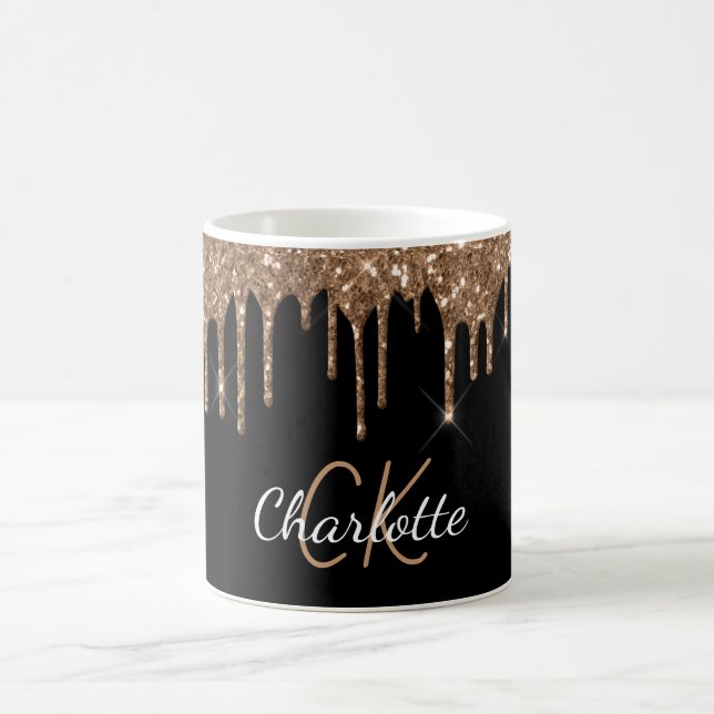 Black gold glitter drips monogram script elegant  coffee mug (Center)