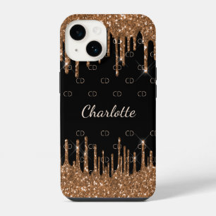 Black gold glitter drips monogram script elegant iPhone 14 case
