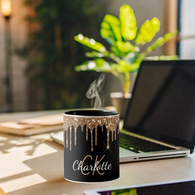 Black gold glitter drips monogram script elegant  mug (Creator Uploaded)