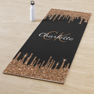 Black gold glitter drips monogram script elegant yoga mat